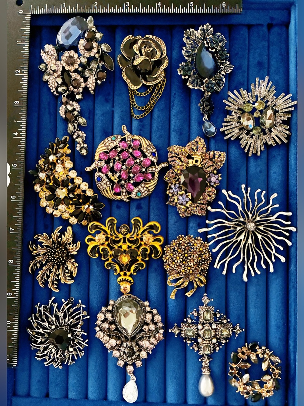 15 Pc Lot Black Purple Statement Brooch Pins Rhinestone Crystal Floral Jewelry
